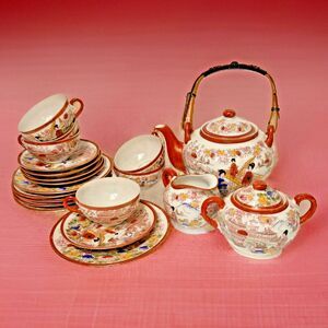 Japanese Kutani Style Full Tea Set Eggshell Porcelain Geisha 20 Piece (read)